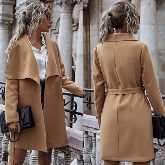 Boho camel wide collar jacket coat with belt - Picture 3 of 5